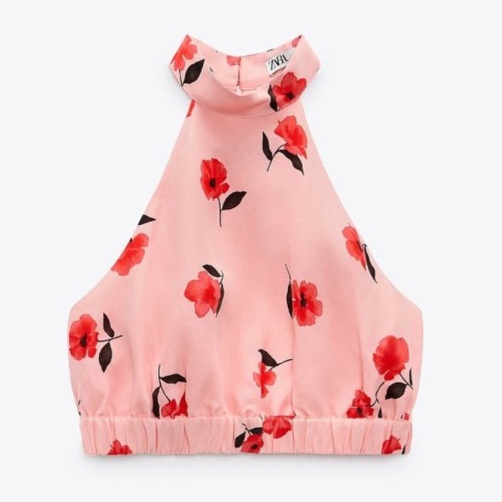 Zara Pink Poppy Floral Halter Crop Top Linen Blend Summer Vacation Backless - Picture 2 of 8